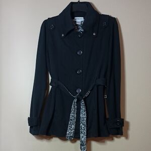 Self Esteem Black Trench Coat with Reversible Patterned Belt